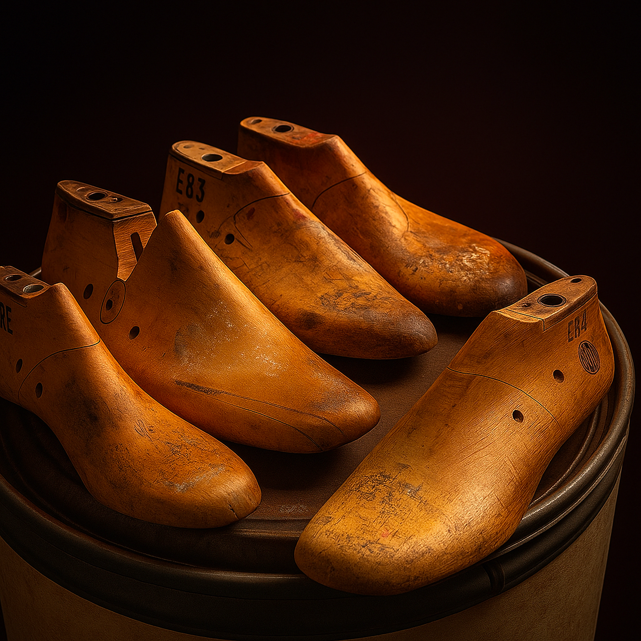 Set of wooden shoe lasts on a dark background. Vintage wooden shoe last, handcrafted with unique markings, perfect for collectors and home décor enthusiasts.