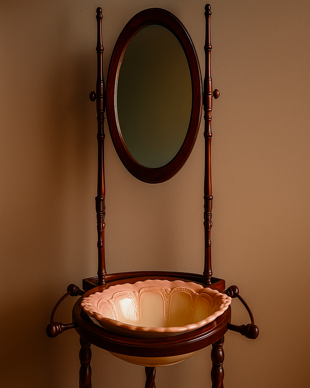 Wooden stand with oval mirror and basin against a beige wall
