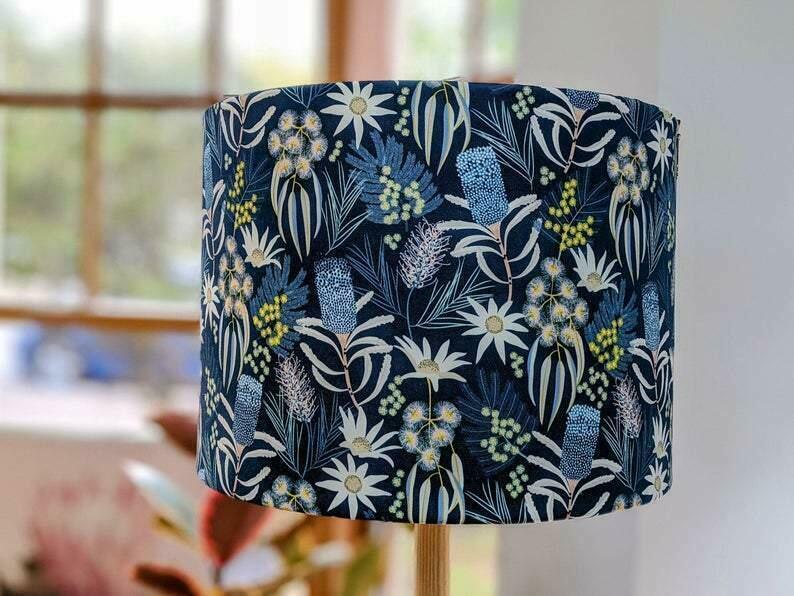 Blue Native Floral Lampshade with hints of yellow.