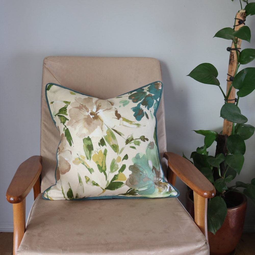 Beige, Gold & Teal Floral Cushion. 