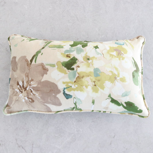 Bespoke Oblong Cushion featuring Teal, Beige & Gold Watercolour floral print.