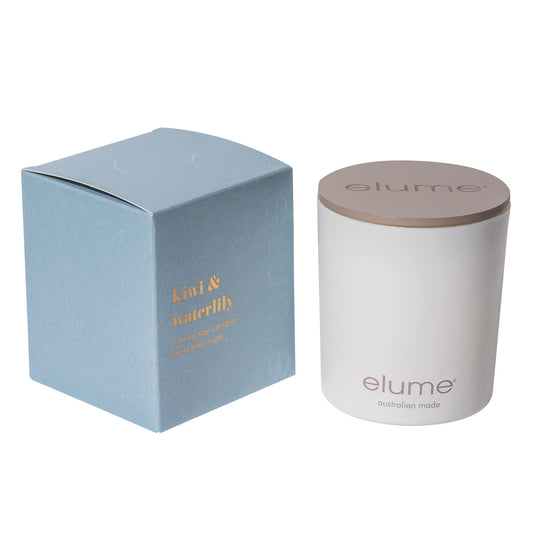 Elume Kiwi & Waterlilly Soy Candle Box, sitting beside the Candle with its lid on.